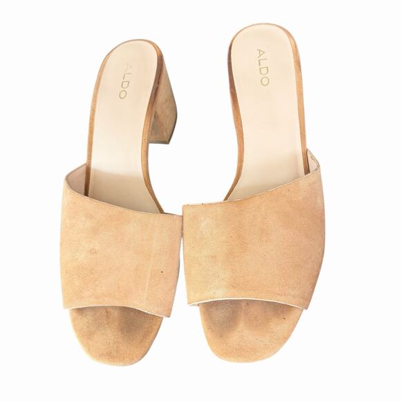 Aldo US 10 Sandals Open Toe Slip On Chunky Low Block Heel Nude Leather - Picture 3 of 10